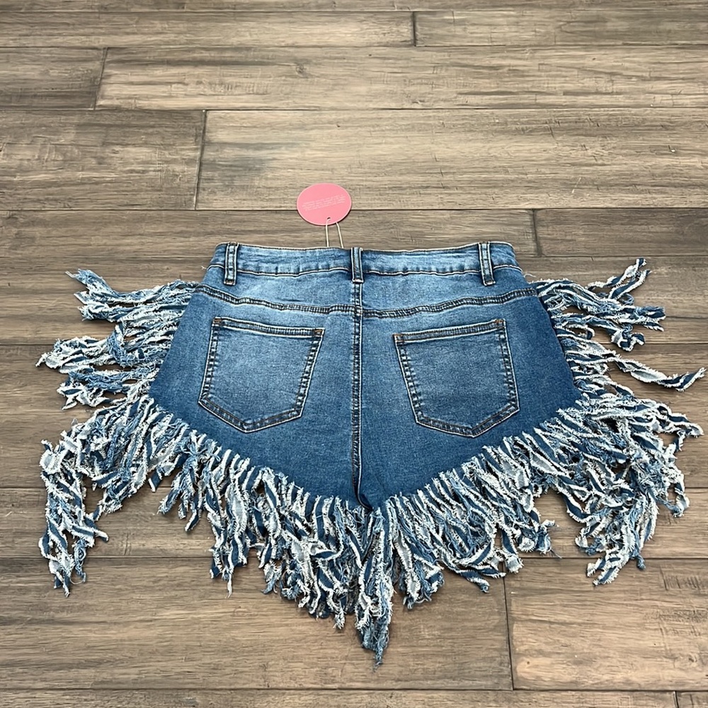 NWT Lilly’s Closet High Waist Fringed Denim Shorts Womens Size Large - Picture 5 of 9
